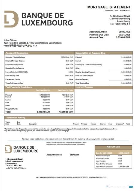 Download Luxembourg Banque de Luxembourg mortgage statement Word and PDF template Photoshop template